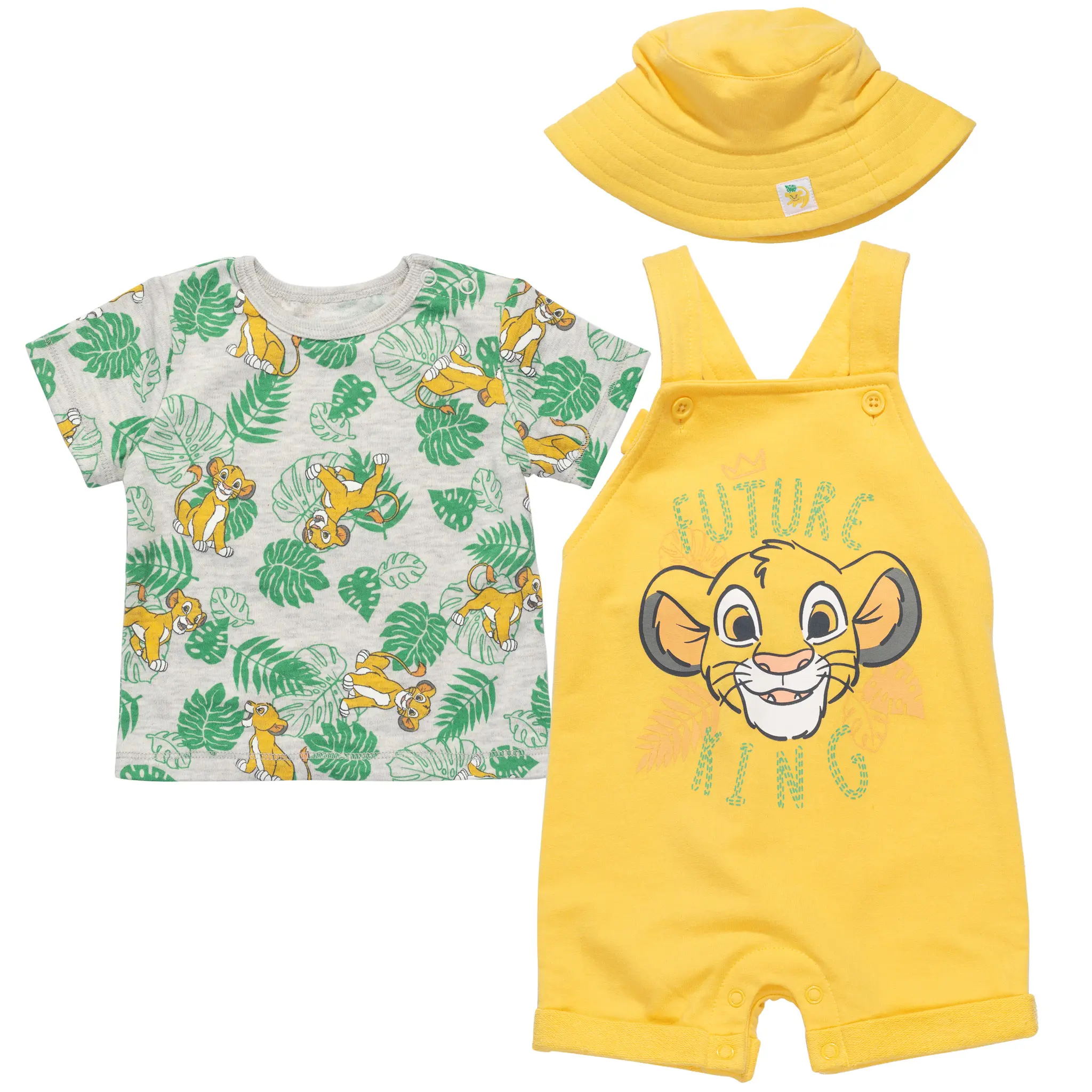 Disney Lion King Baby Boys' 3-Piece Gift Set - Crew Neck French Terry Cotton Blend Tee, Elastic Waist Shortall, Bucket Hat (0-3 Months, Newborn-Infant), Classic Animal Interlock Outfits, Baby Boy Clothes