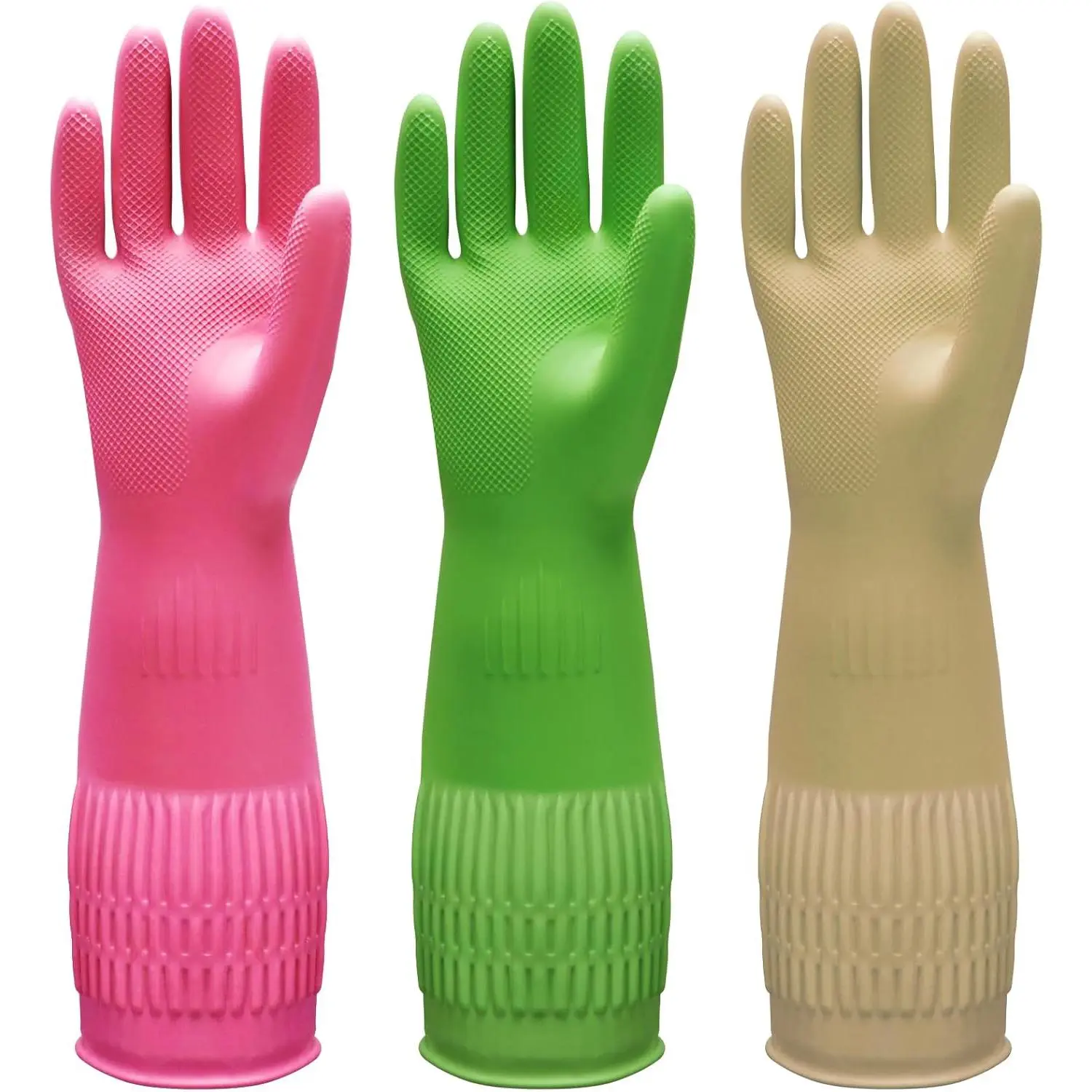 3 Pairs of Rubber Dishwashing Gloves for Kitchen and Household Cleaning  Long Cuff 15", , Flexible Long-lasting and Non-Slip (Red+Yellow+Green, X-Large)
