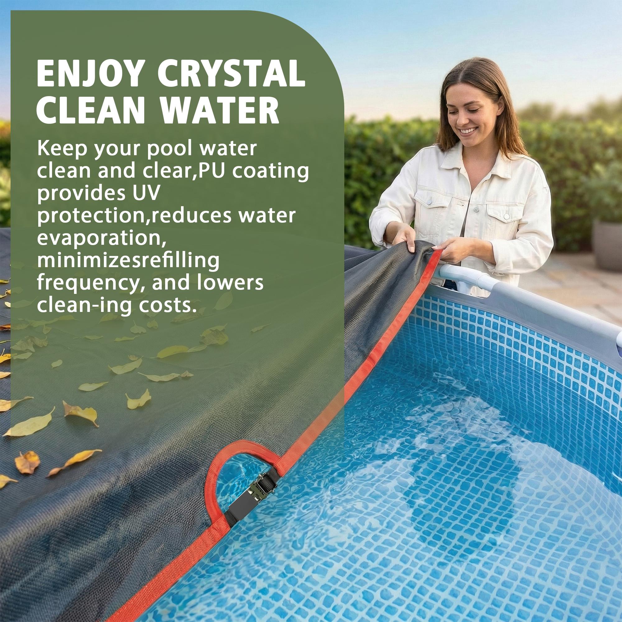 Round above-ground pool cover for shading pool equipment and protecting heaters, equipped with heavy-duty mechanical buckles and straps for secure fastening, solar waterproof design, keeps out debris to maintain clear water, rainproof and durable cover.