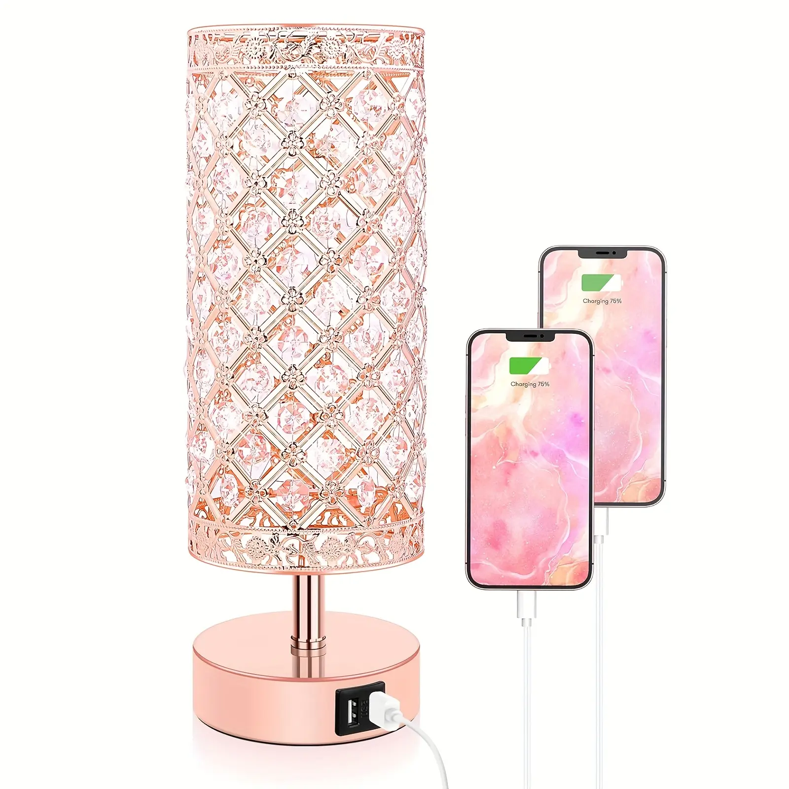 Touch Control Crystal Table Lamps With 2 USB Ports, 3-Way Dimmable Bedside Nightstand Lamps With Decorative Crystal, Small Table Lamps For Bedrooms Living Room, Office, Led Bulb Included