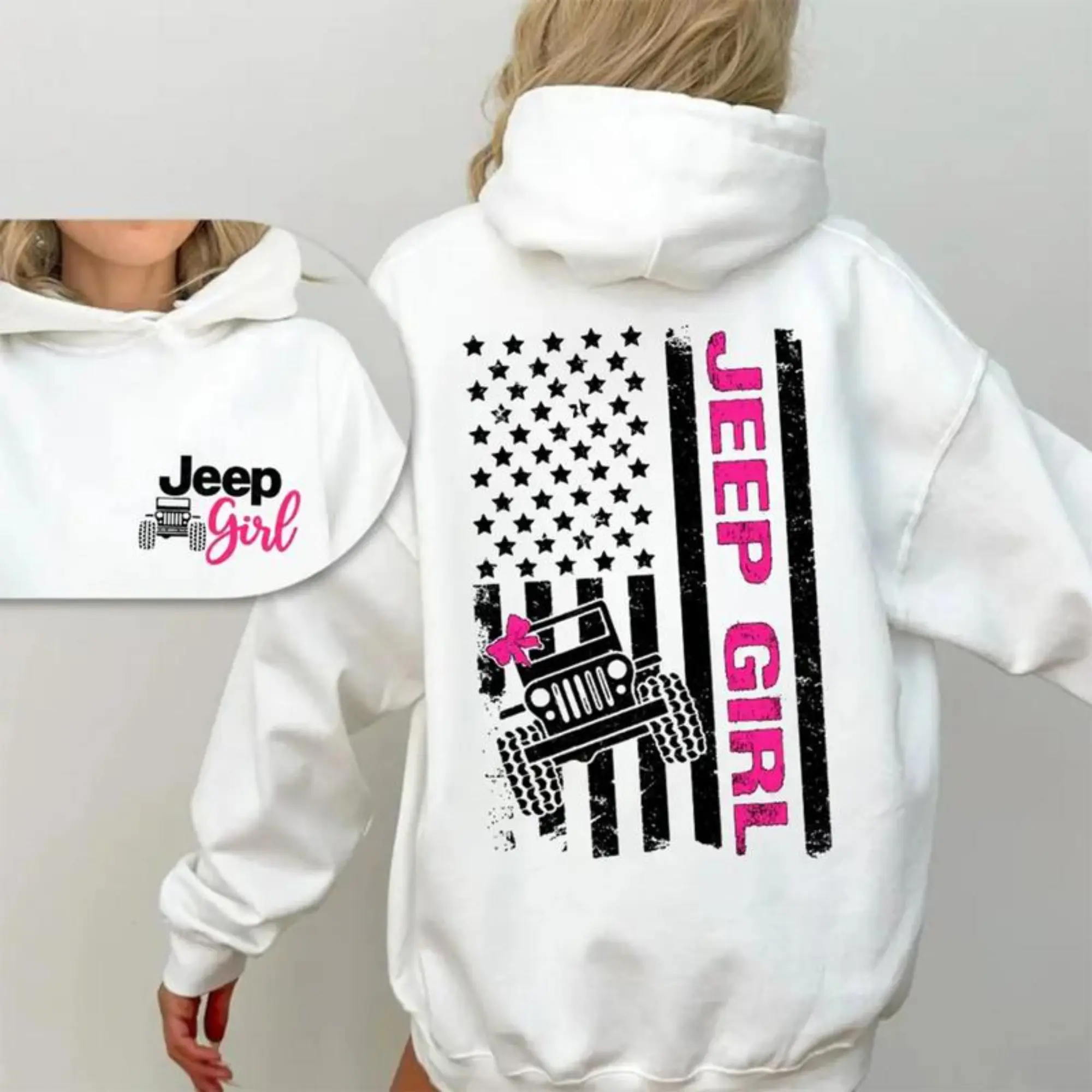 Jeep Girl Hoodie Cute Off-Road American Flag Graphic Hoodie Casual Street Style Fleece Fabric Pullover Hooded Sweatshirt Trendy Tops for Unisex,back to school,back to school shopping