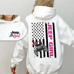 Jeep Girl Hoodie Cute Off-Road American Flag Graphic Hoodie Casual Street Style Fleece Fabric Pullover Hooded Sweatshirt Trendy Tops for Unisex
