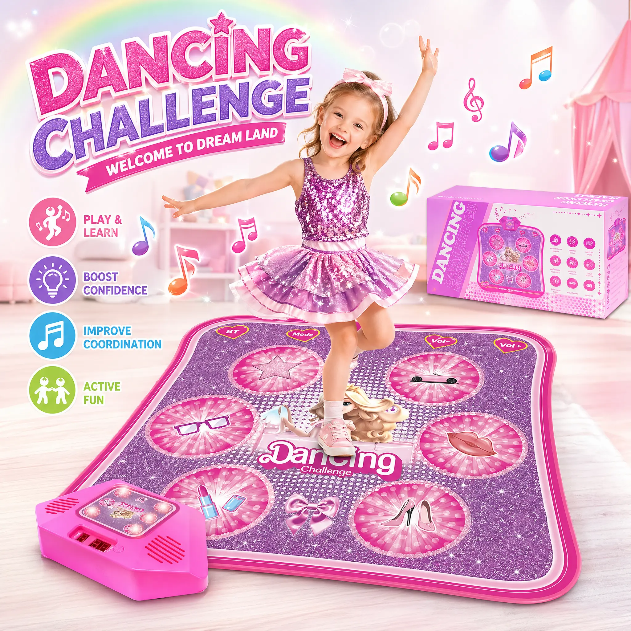 Dance Mat Toys for 3-12 Year Old Girls & Boys, Dance Mats with Light Up 6-Buttons & Wireless Bluetooth, Birthday Gifts Fun Christmas Gift for Girls Interactive LED Design Non-Slip Durable Material