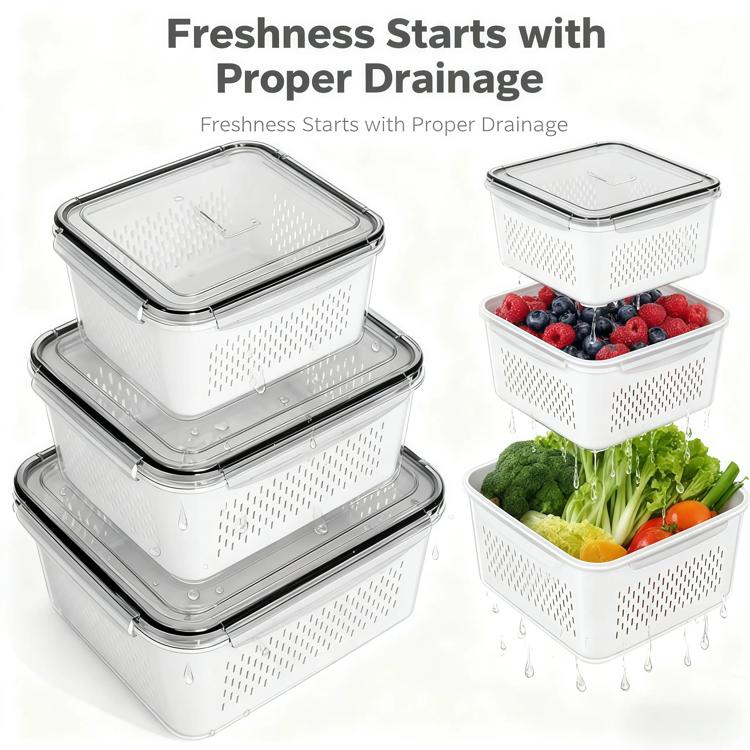 3 Pcs Fruit Containers for Fridge, Strawberry Storage Containers for Fridge, Food Storage Container with Airtight Lid, Removable Colander Basket for Rinsing and Draining, Keep Produce Fresh Longer