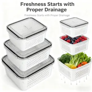 3 Pcs Fruit Containers for Fridge, Strawberry Storage Containers for Fridge, Food Storage Container with Airtight Lid, Removable Colander Basket for Rinsing and Draining, Keep Produce Fresh Longer