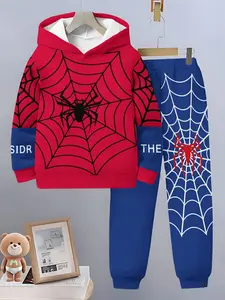 Spider-Man Theme Set, Hooded Sweatshirt & Drawstring Pants, Casual Fitted Two-Piece, Perfect for School & Cosplay