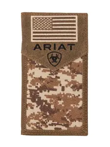 Ariat Men’s Rodeo Wallet - Top Grain Leather Checkbook Cover for Men, American Flag Patriot Digital Camo Design, Card Slots, Heavy Stitching, Men’s Wallets, Men's Wallet