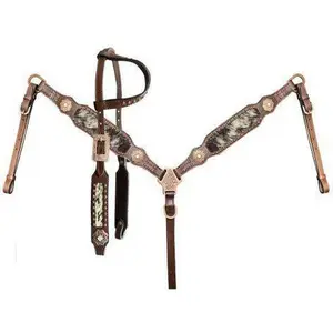 BLACK & WHITE HAIR ON COWHIDE INLAY SINGLE EAR HEADSTALL & BREAST COLLAR SET