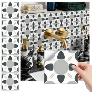 24PCS FHZ Vintage Geometric Tile Stickers | PET Matte Peel & Stick Backsplash | Waterproof Oil-Proof Wall Decals for Home & Office