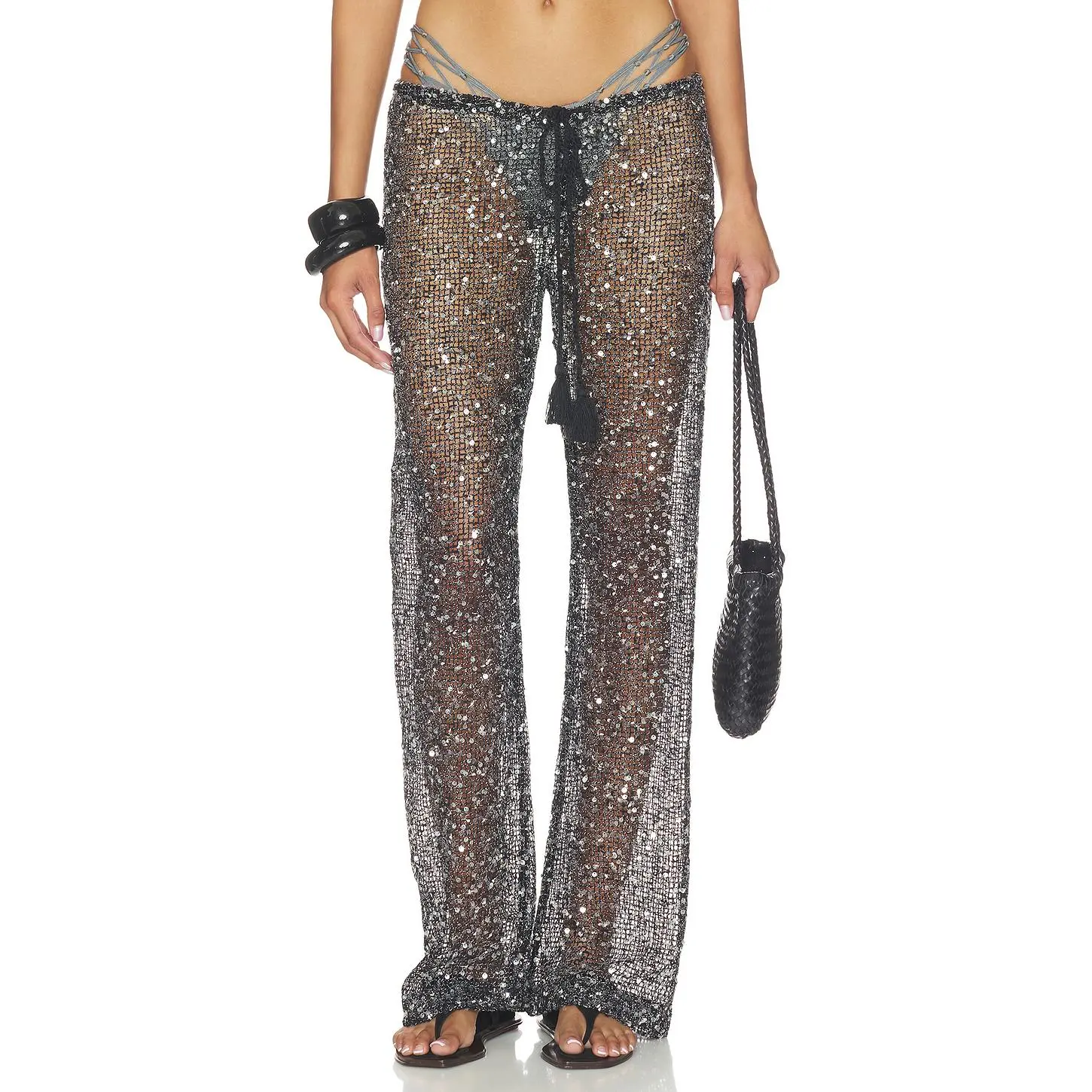 Jaded London Sequin Mesh Drawstring Trousers in Black