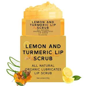 Natural Lip Scrub, Turmeric Lemon Lip Exfoliator Nourishing Sugar Lip Scrub with Aloe Vera Gentle Exfoliant for Dry and Chapped Lips Hydrates & Fade Lip Lines 50G Moisturize Lipgloss Smooth Cleansing Lipstick Gift