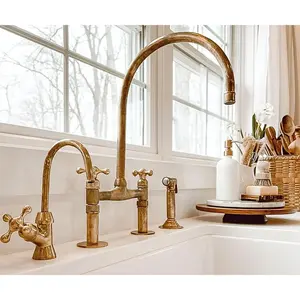 Unlacquered Brass Bridge Faucet with Sprayer and Cold Water Tap