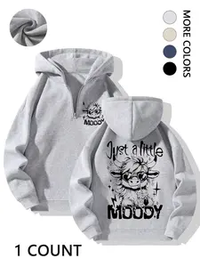 Women's "Just a Little Moody" Cow Graphic Half-Zip Hoodie - Casual Oversized Fleece-Lined Knit Sweatshirt with Multiple Colors