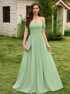 MIUSOL 55903A Sequin Floral Lace Off-Shoulder Ruched Chiffon Elegant Maxi Party Dress, Women's Formal Gown For Wedding Guests, Graduation, Evening Events