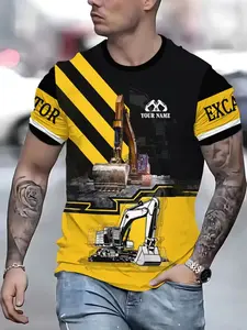 Men's Creative Patterned T-Shirt, Full Print Excavator Street Style, Block, Breathable Round Neck Short Sleeve