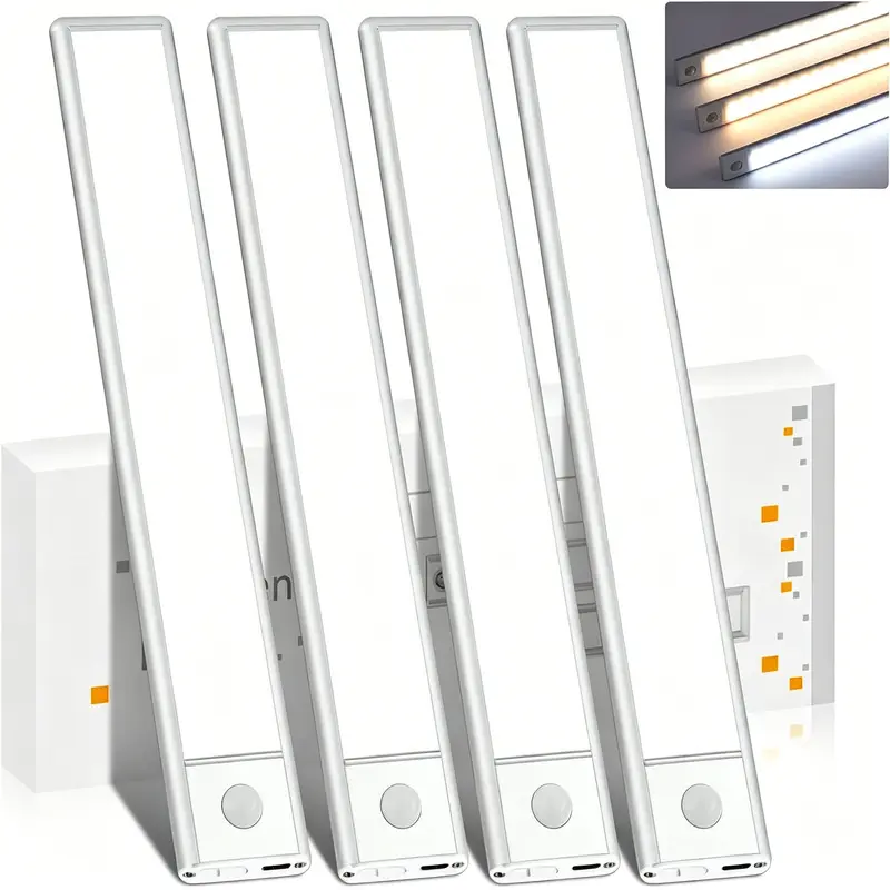 4 Pack "16" Under Cabinet Lighting -  USB Rechargeable LED Closet Lights with Motion Sensor & Dimming, Stick-On Lights for Bedroom, Kitchen, Stair