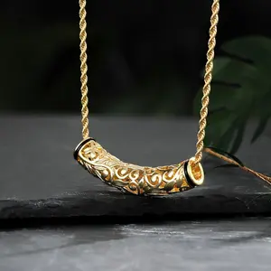 14K Golden Plated Hawaiian Style Plumeria Carved Pendant Necklace - Twisted Rope Chain - Pacific Island Vacation Jewelry, Valentine's Day Gift, Alloy Construction, Season-Universal