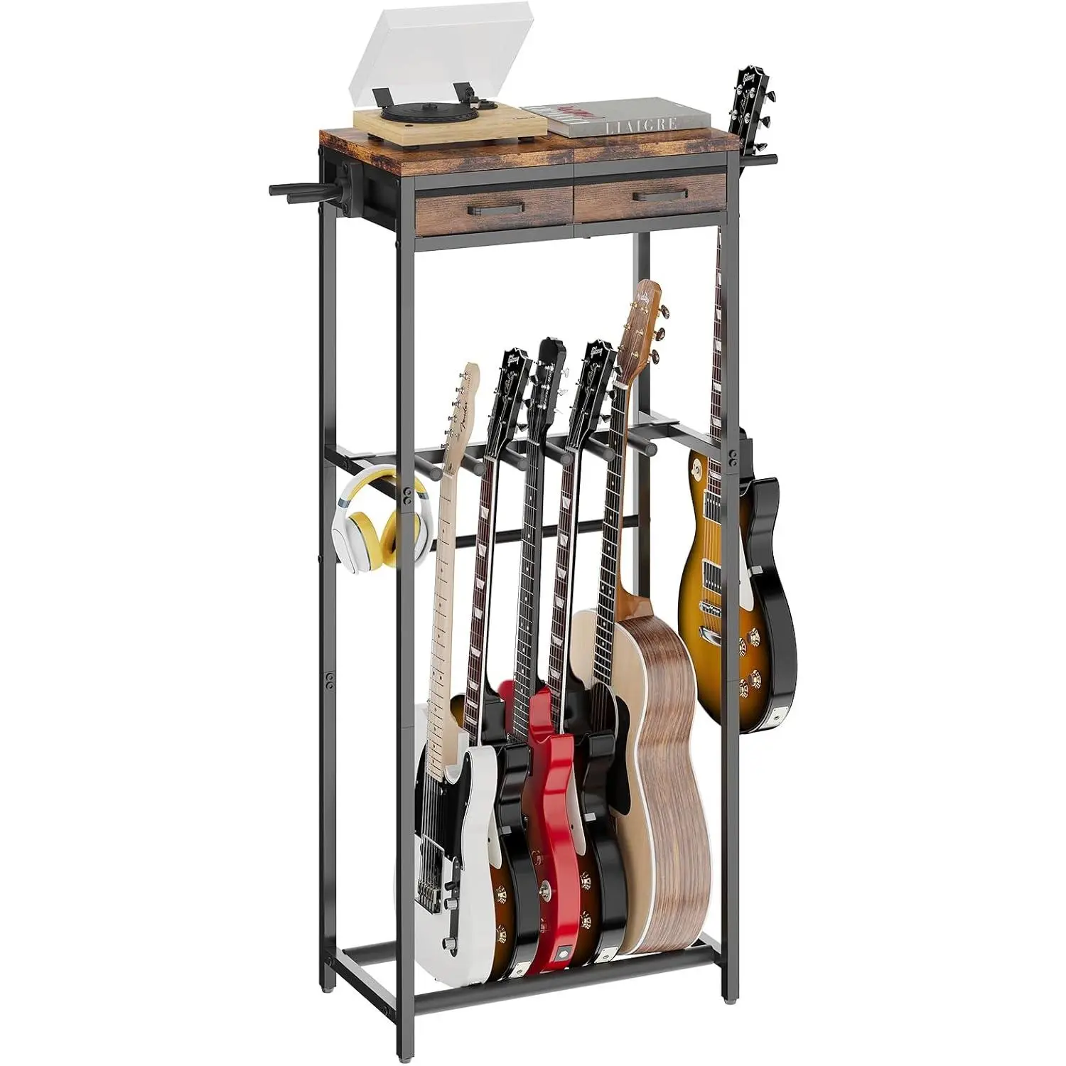 Guitar Stand, Guitar Rack with 2 Hangers and Storage Drawers for Guitar Accessories, Multiple Guitar Holder for Acoustic Electric Guitar, Bass, Instrument,  Studio, Rustic Brown