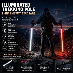 Laser Saber Style Trekking Poles - Non-Foldable Built-in LED Light Strip Hiking Sticks, Adjustable Waterproof Aircraft Aluminum with Anti-Slip Grip, Photo Ready for Night Hiking Camping Emergency Safety TikTok Shots