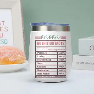 PIKPAKA Mom Nutrition Facts Vacuum Flasks 12oz Insulated Wine Tumbler with Lid, Double Wall Vacuum Stainless Steel Wine Cup, Hot & Cold Drink Mug, Stylish Holiday Gift for Christmas, Birthday, Parties & Home, Insulated Travel Drinkware