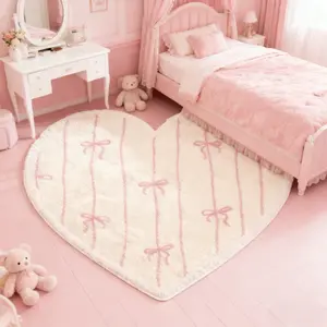 1pc Simple Ins Style Living Room, Bedroom & Home Carpet, Cute Bow Decoration, Heart Shape Rug, Fluffy Area Rug, Anti-slip Plush Washable Fluffy Floor Mat