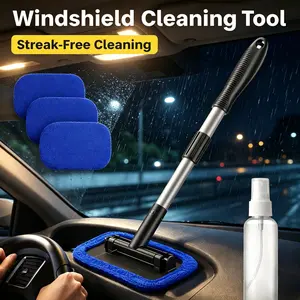 Car Windshield Cleaner Tool – Microfiber Window Cleaner Kit with 4 Washable Pads & Extendable Handle, Streak-Free Inside Glass Wiper for Auto, Blue