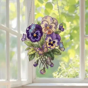 Purple Pansy Stained Glass Suncatcher Butterfly Flower Window Hanging Gift