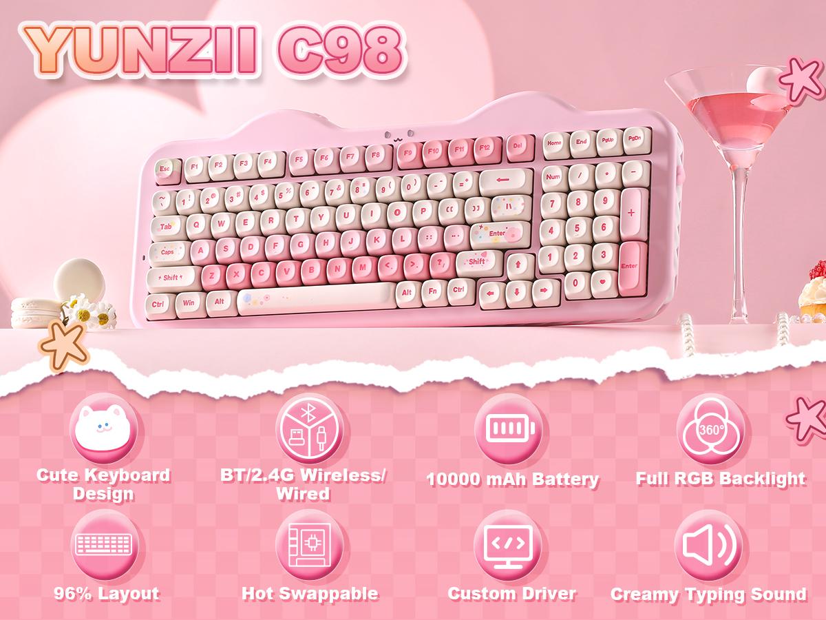 YUNZII C98 Wireless Mechanical Keyboard, 99-Key with Number Pad, BT5.0/2.4G/USB-C Hot Swap Gasket Mount with PBT MOA Keycaps, Custom RGB, Cute Cake Keyboard for Win/Mac