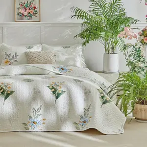 Floral Quilt Set 3 count  Size Green with Lily of The Valley Botanical Spring Quilt Bedding Set,Microfiber Lightweight Bedspread, Coverlet Set for  Seasons