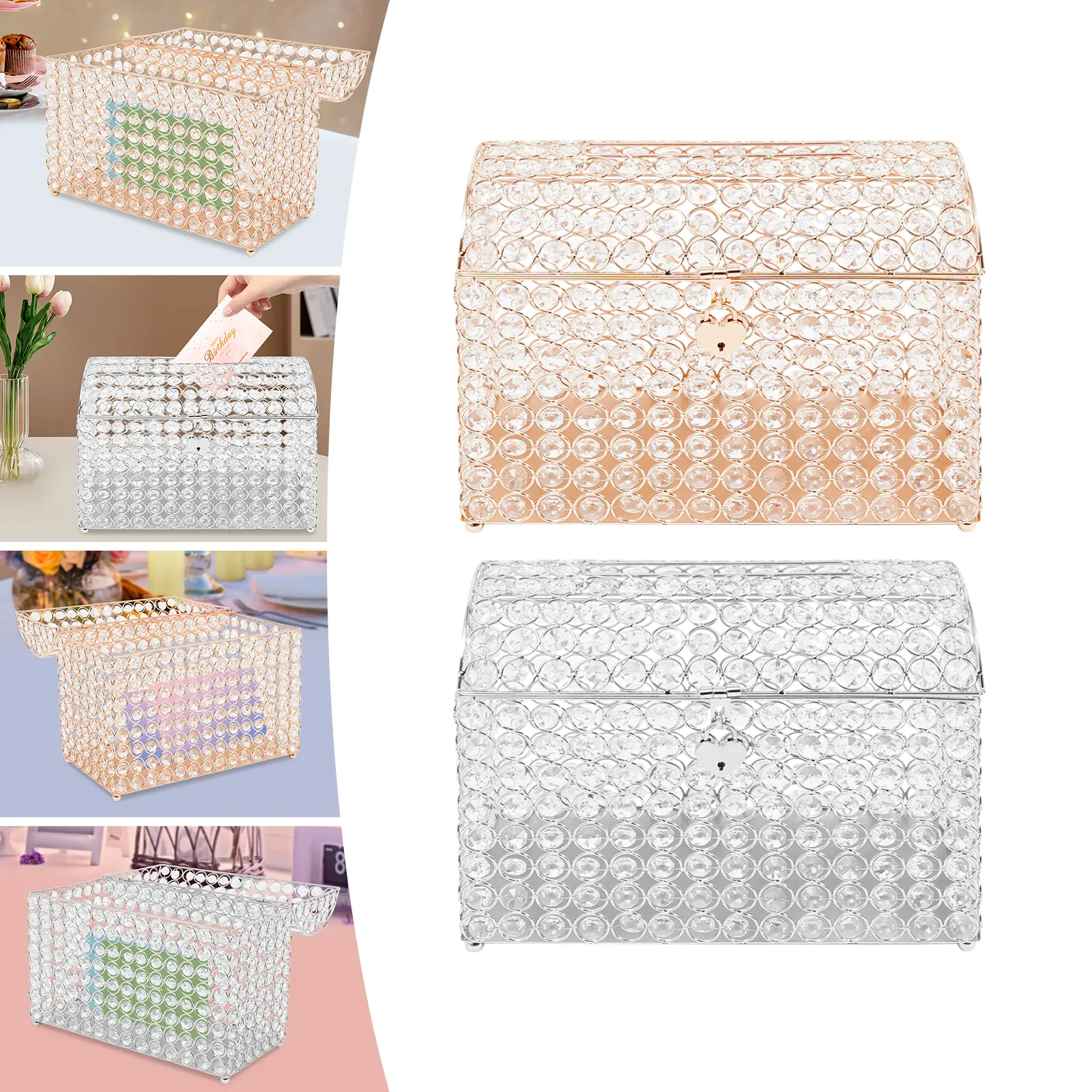Clear Gold Lockable Wedding Card Box with Key for Invitations Greeting Cards Cash Tips Honeymoon Fund Donation Piggy Bank Home Office Party Ornaments decor