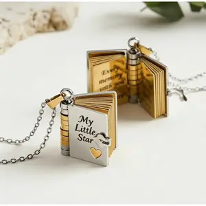 My Little Star Book Necklace for Daughter, Birthday Day Gift Graduation Jewelry of Love Flip Book Locket Necklace with Laser-Engraved Inspirational Quotes, Birthday or Graduation Gift, Keepsake Jewelry of Love