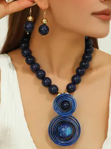 2-piece set of fashionable, personalized and trendy handmade woven round bead pendant necklace earrings set