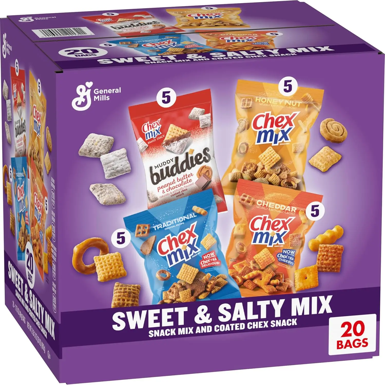 Sweet Salty Snack Variety, Individually Wrapped Snack Bags, Party and Lunch Packs, Muddy Buddies Peanut Butter and Chocolate, Chex Mix Traditional, Cheddar, Nut, 35 oz/20 Bags