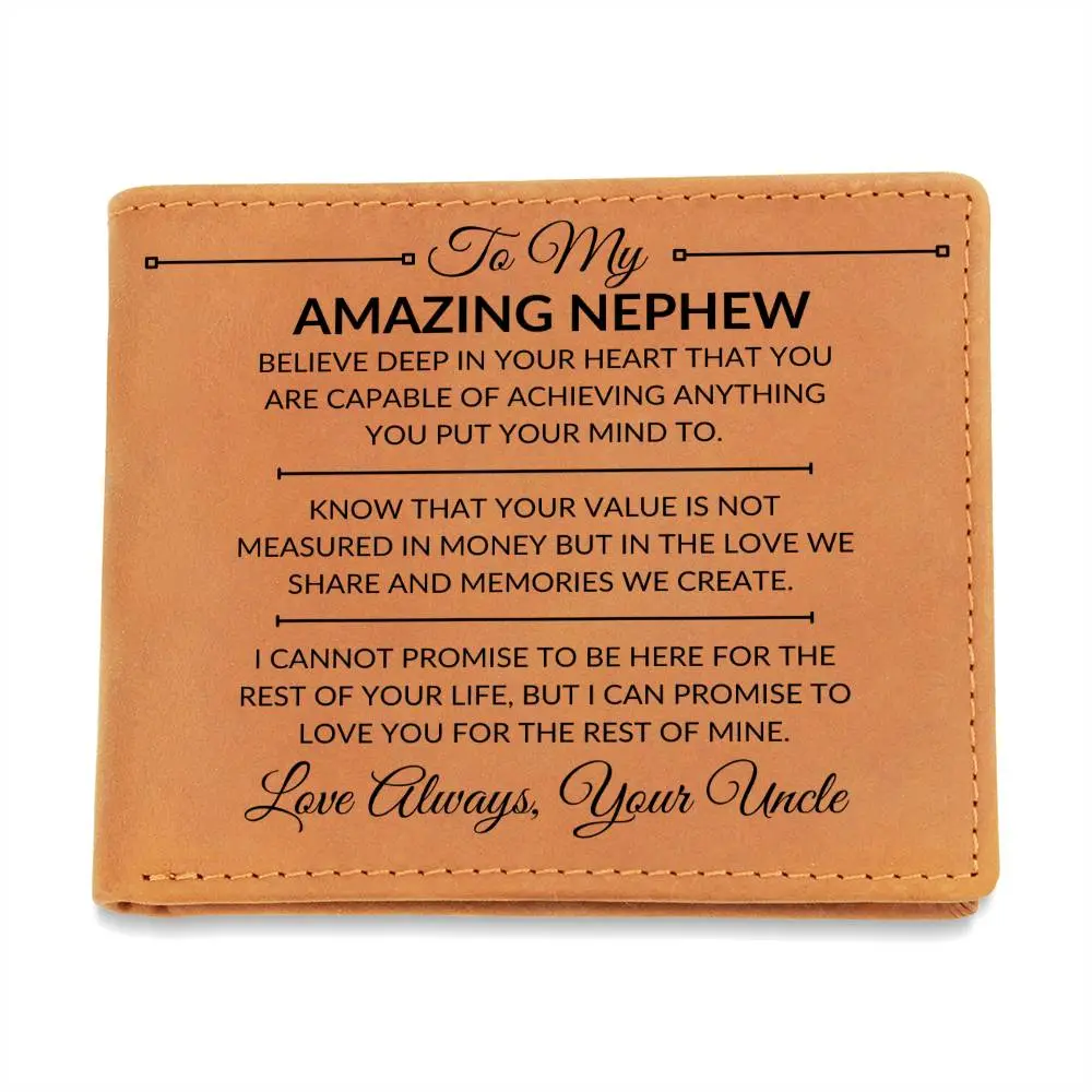 Men's Elegant Custom Full-Grain Cow Hide Slim Bi-Fold Wallet with Custom Printer "You Can Achieve Anything" Design, Card Slots - Holiday & Birthday Gift for Nephew