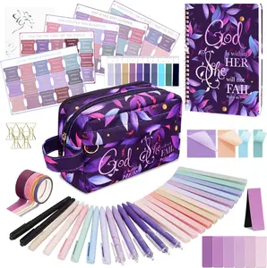 48 Pcs Bible Study Supplies Journaling Kit with Pencil Case Tags Pens Highlighters Color Clear Sticky Notes Notebook Clips and Rolls of Washi Tape