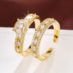 2Pcs Gold Plated Cubic Zirconia Bridal Ring Set - Sparkling Round & Marquise Cut Stackable Promise Rings for Women, Wedding Engagement Jewelry