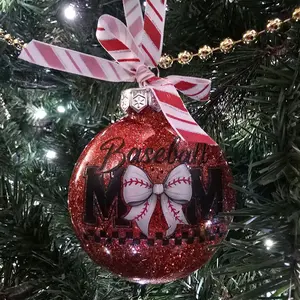 Glitter Baseball Mom Ornament with Red Bow and Striped Ribbon for Festive Tree Decoration