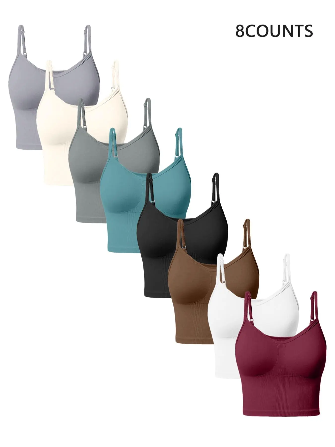 8-piece set of women's sports vest yoga sports bra, without chest cushion, ribbed knitted camisole sports fitness top, adjustable shoulder straps seamless short inner layer, Workout Bra, Exercise Bra, Women Workout Clothes
