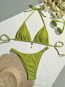 Women's Solid Green Halter Bikini Set - Textured Fabric, High-Waisted Two-Piece Swimsuit with Tie Detail, Machine Washable, High Waisted Bikini Set