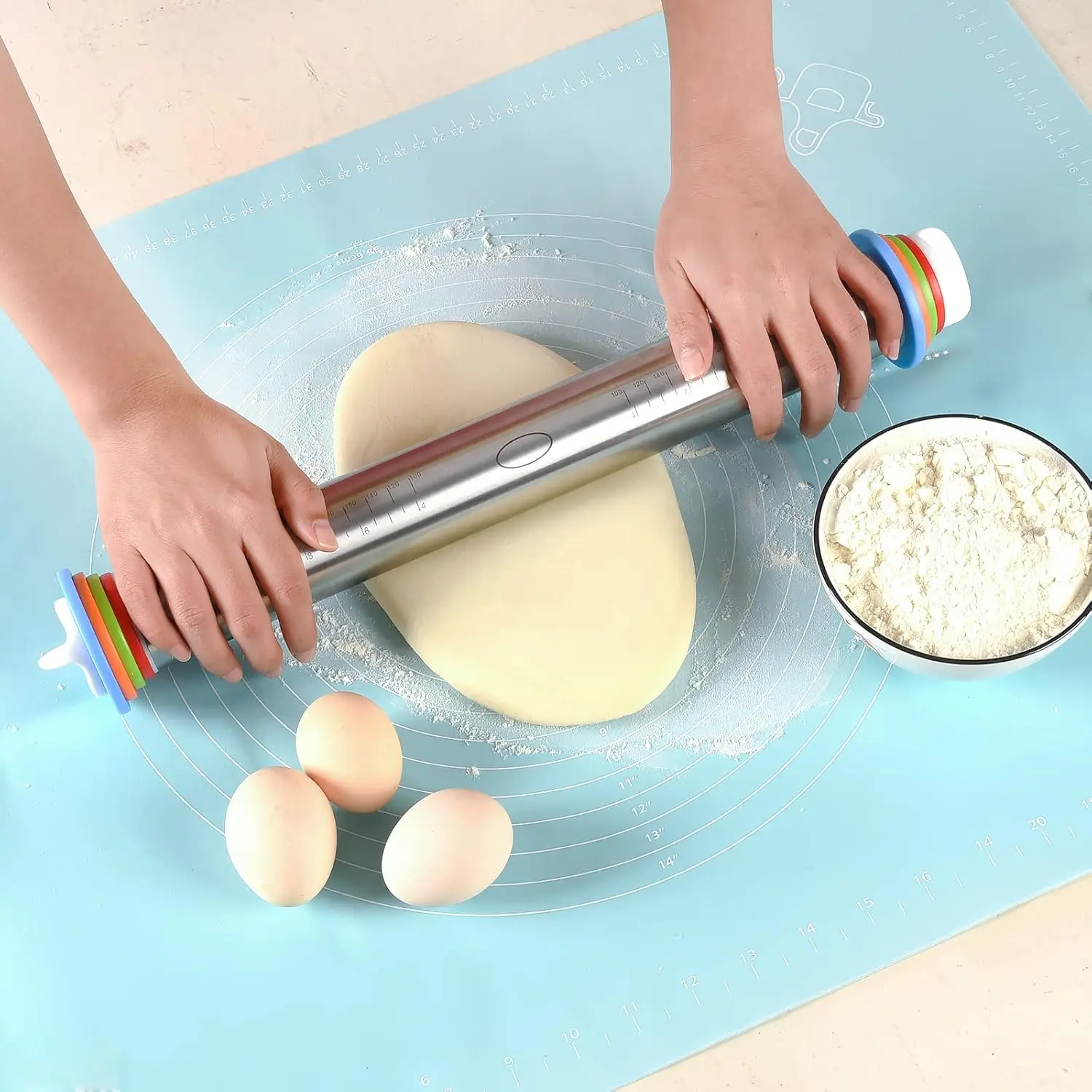 17 Inch Adjustable Rolling Pin with Thickness Rings for Baking, Stainless Steel Designs Dough Roller Pins for Cookies Bakeware, Baking Supplies