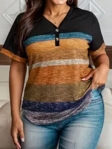 Plus Size Patchwork Button Front V Neck Tee, Casual Short Sleeve T-shirt for Summer, Women's Plus Clothing for Daily Wear