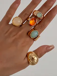 Women's Vintage Fashion Geometric Gemstone Inlaid Rings Set, Metal Jewelry for Daily Wear & Party Events Gift