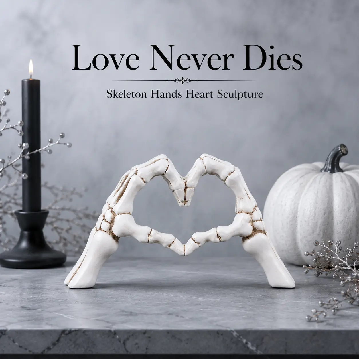 White skull hand-shaped ornament, skull hand figurine, suitable for desks and bookshelves, gothic heart-hand sculpture, Halloween skull decoration, dark romantic love figurine, suitable for living rooms, coffee tables, and more.