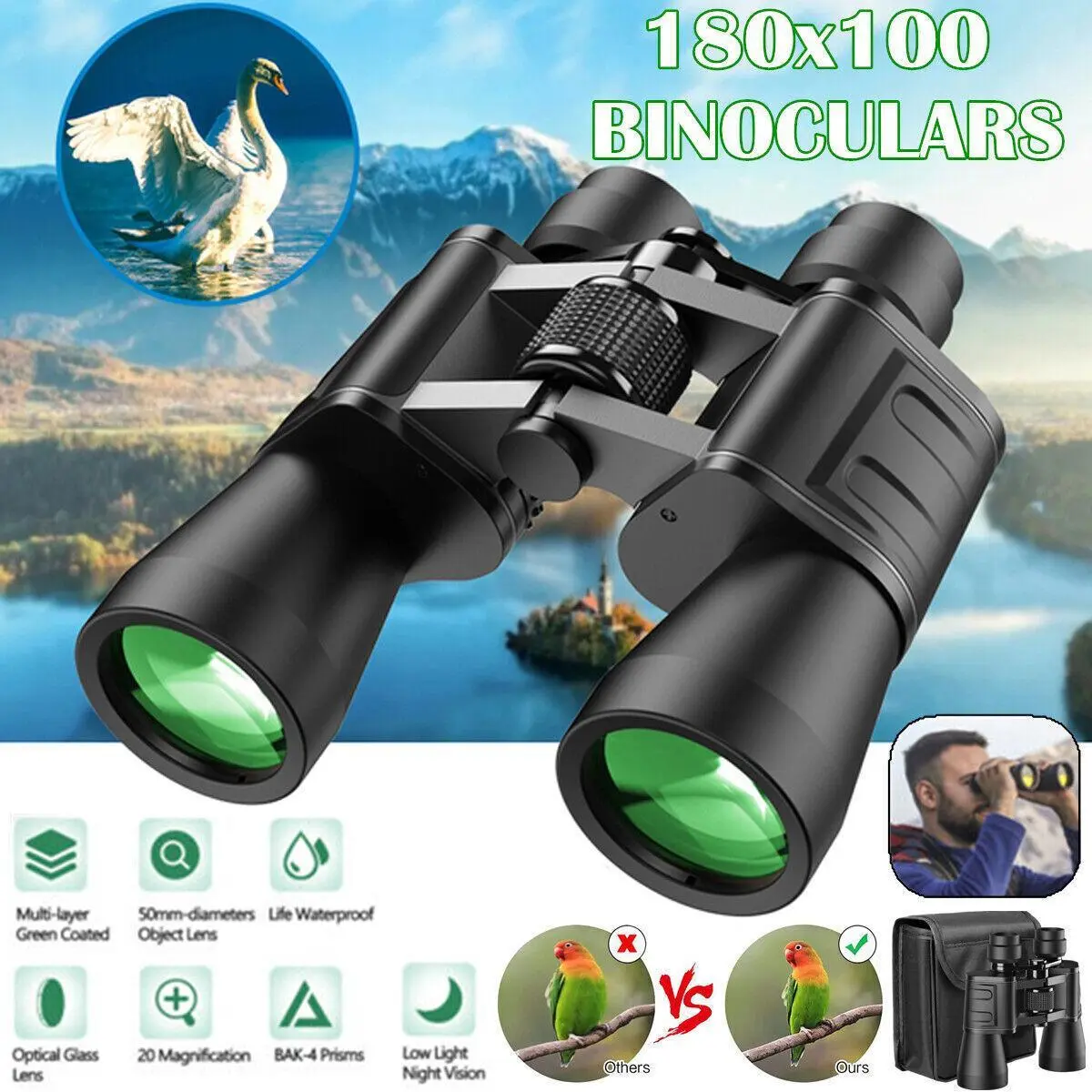 High Definition Outdoor Binoculars, 180x100 Powerful Military Zoom, Waterproof, High Magnification Long Distance Wide Angle, Day/Low Night Optics, Hunting Use with Case, Professional Binoculars, High Definition Binoculars