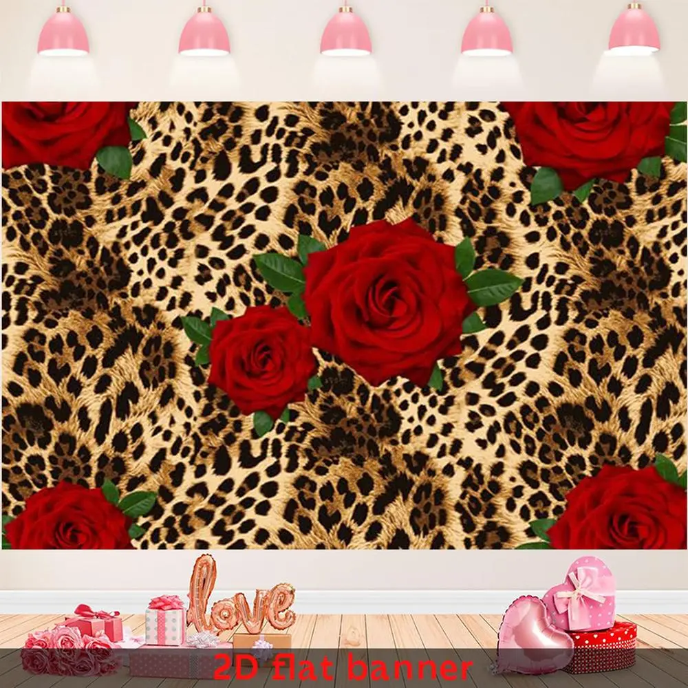 1PC Polyester 2D Flat Leopard Print Red Rose Backdrop Banner, Reusable Home & Festive Party Decoration for Birthday, Valentine's Day Photography, Banners