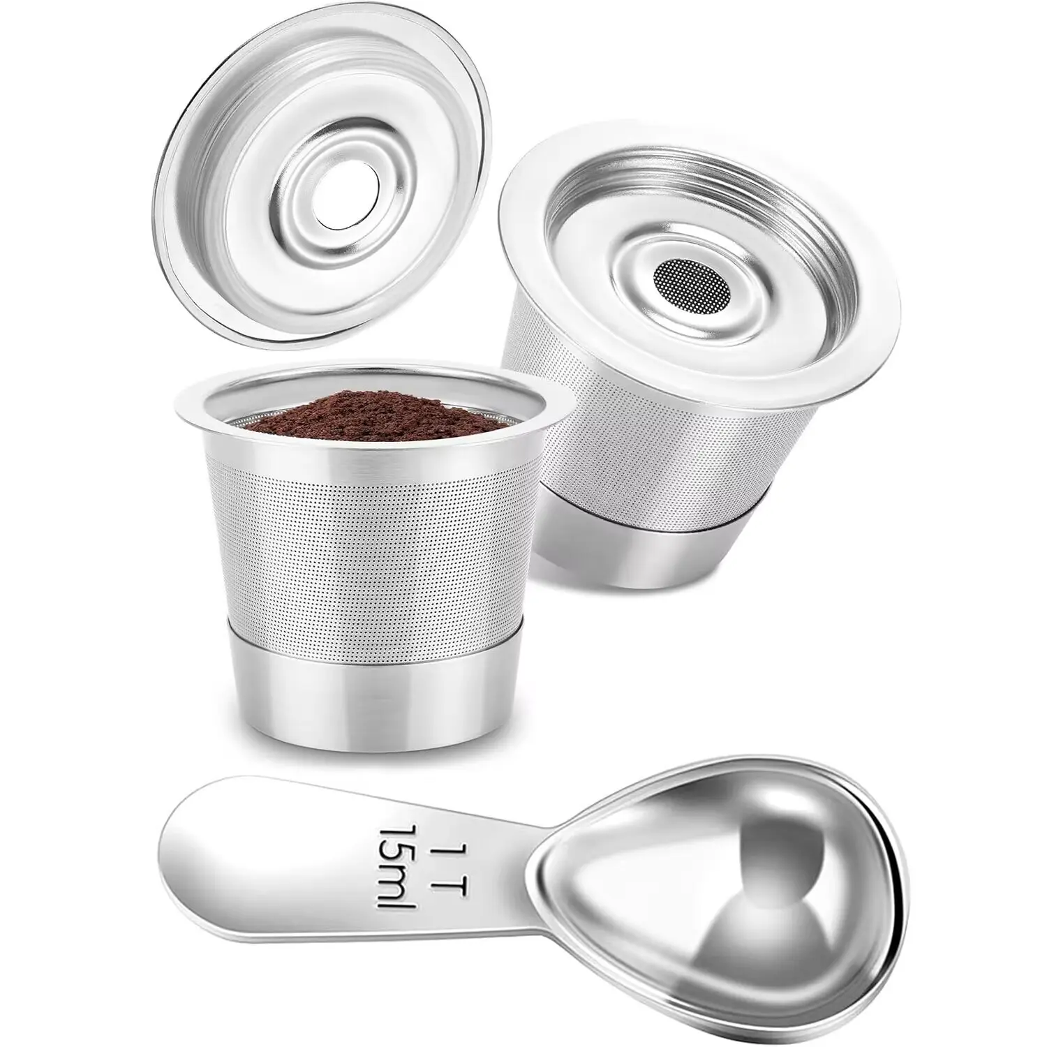 Food-Grade Stainless Steel Refillable Coffee Filters - Durable Reusable Pods for Home Single-Cup Coffee Makers, Washable Capsule Set with Stainless Steel Scoop, Reduces Single-Use Waste