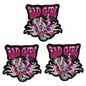 Punky Patches – “Bad Girl” Letter And Female Biker Embroidery Heat Transfer Patches, Suitable For Clothing And Accessories, Pink Purple Color Scheme, Wild Rock ‘N’ Roll Style