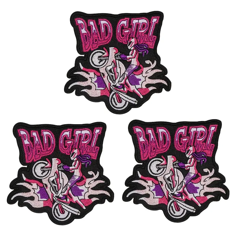 Embroidered Iron-On Patch Set, Punky Bad Girl Vibe with Bold Colors, Wild Rock'n'Roll Motorcycle Motif for Clothing and Fashion Accessories