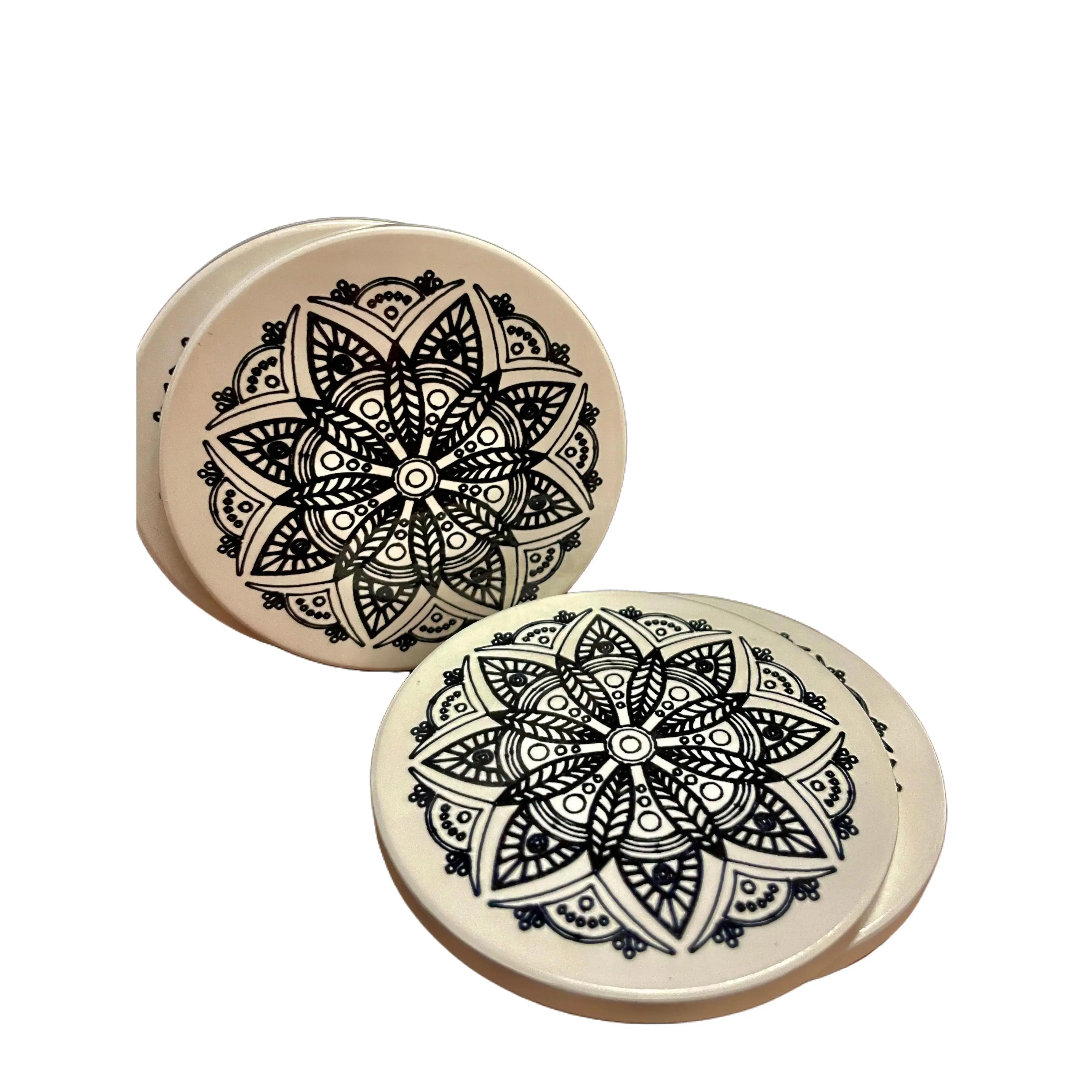 Mandala Ceramic Coaster Set of 4 - Black and White Design, Ideal for Coffee and Tableware Use Round Stylish