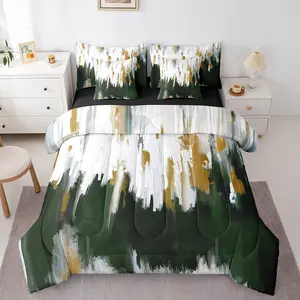 Feelyou Multi-Size 7-Piece Emerald Green Ombre Bedding Set - Reversible Black Watercolor Comforter, Flat Sheet, Fitted Sheet, All-in-1 7-Piece Bed in a Bag, Seven Pieces